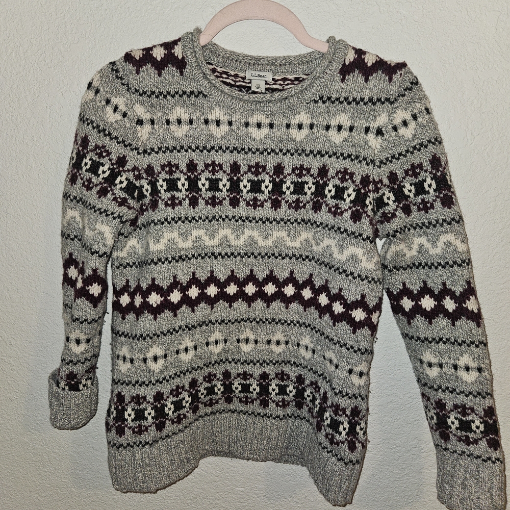 L.L. Bean Gray and PurplePatterned Crewneck Sweater